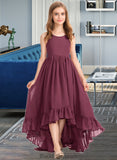 Yesenia A-Line Scoop Neck Asymmetrical Chiffon Junior Bridesmaid Dress With Bow(s) Cascading Ruffles BF2P0013480