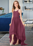 Yesenia A-Line Scoop Neck Asymmetrical Chiffon Junior Bridesmaid Dress With Bow(s) Cascading Ruffles BF2P0013480