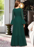 Jackie A-Line V-neck Floor-Length Chiffon Junior Bridesmaid Dress With Bow(s) Cascading Ruffles BF2P0013484