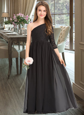 Paityn A-Line One-Shoulder Floor-Length Chiffon Lace Junior Bridesmaid Dress BF2P0013486