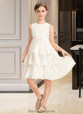 Minnie A-Line Scoop Neck Knee-Length Chiffon Junior Bridesmaid Dress With Bow(s) Cascading Ruffles BF2P0013487