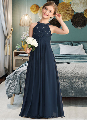 Mareli A-Line Scoop Neck Floor-Length Chiffon Lace Junior Bridesmaid Dress With Ruffle Beading BF2P0013488