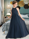 Mareli A-Line Scoop Neck Floor-Length Chiffon Lace Junior Bridesmaid Dress With Ruffle Beading BF2P0013488