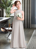 Aliyah A-Line V-neck Floor-Length Chiffon Junior Bridesmaid Dress With Ruffle Bow(s) BF2P0013491