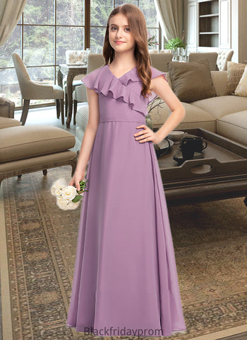 Denise A-Line V-neck Floor-Length Chiffon Junior Bridesmaid Dress With Bow(s) Cascading Ruffles BF2P0013494