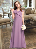 Denise A-Line V-neck Floor-Length Chiffon Junior Bridesmaid Dress With Bow(s) Cascading Ruffles BF2P0013494