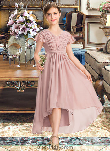 Thea A-Line V-neck Asymmetrical Chiffon Junior Bridesmaid Dress With Bow(s) Cascading Ruffles BF2P0013496