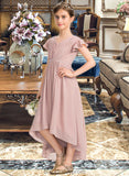 Thea A-Line V-neck Asymmetrical Chiffon Junior Bridesmaid Dress With Bow(s) Cascading Ruffles BF2P0013496