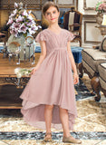 Thea A-Line V-neck Asymmetrical Chiffon Junior Bridesmaid Dress With Bow(s) Cascading Ruffles BF2P0013496