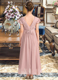 Thea A-Line V-neck Asymmetrical Chiffon Junior Bridesmaid Dress With Bow(s) Cascading Ruffles BF2P0013496