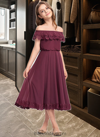 Kaelyn A-Line Off-the-Shoulder Tea-Length Chiffon Lace Junior Bridesmaid Dress BF2P0013505