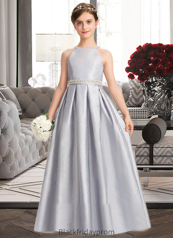 Jaqueline A-Line Scoop Neck Floor-Length Taffeta Junior Bridesmaid Dress With Beading Bow(s) BF2P0013506