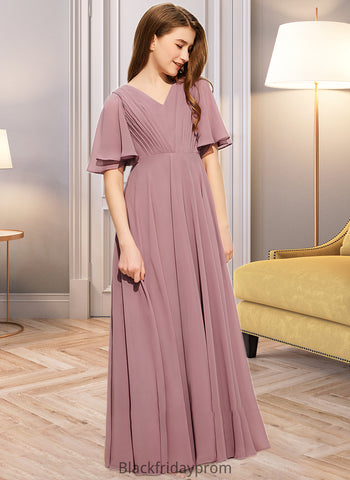 Daisy A-Line V-neck Floor-Length Chiffon Junior Bridesmaid Dress With Ruffle BF2P0013510