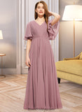 Daisy A-Line V-neck Floor-Length Chiffon Junior Bridesmaid Dress With Ruffle BF2P0013510