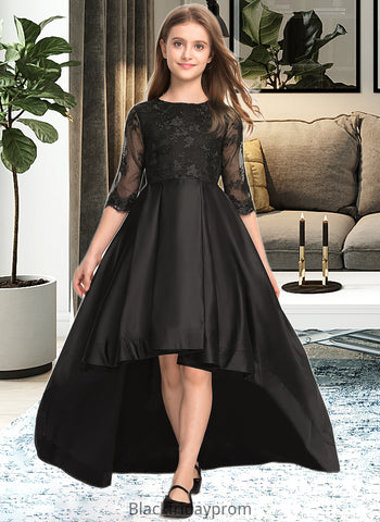 Nicole A-Line Scoop Neck Asymmetrical Satin Lace Junior Bridesmaid Dress With Ruffle BF2P0013511