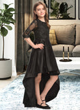 Nicole A-Line Scoop Neck Asymmetrical Satin Lace Junior Bridesmaid Dress With Ruffle BF2P0013511