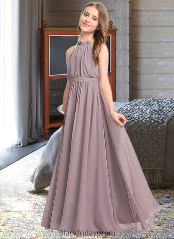 Nell A-Line High Neck Floor-Length Chiffon Junior Bridesmaid Dress With Bow(s) Cascading Ruffles BF2P0013512