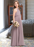 Nell A-Line High Neck Floor-Length Chiffon Junior Bridesmaid Dress With Bow(s) Cascading Ruffles BF2P0013512