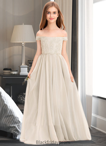 Violet A-Line Off-the-Shoulder Floor-Length Chiffon Lace Junior Bridesmaid Dress BF2P0013514