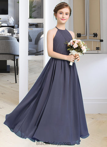 Autumn A-Line Scoop Neck Floor-Length Chiffon Junior Bridesmaid Dress With Ruffle BF2P0013516