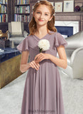 Marlene A-Line V-neck Floor-Length Chiffon Junior Bridesmaid Dress With Ruffle BF2P0013554