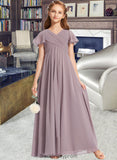 Marlene A-Line V-neck Floor-Length Chiffon Junior Bridesmaid Dress With Ruffle BF2P0013554