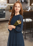 Lyric A-Line Scoop Neck Tea-Length Chiffon Junior Bridesmaid Dress With Ruffle Bow(s) BF2P0013555