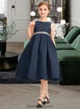 Jean A-Line Scoop Neck Knee-Length Satin Lace Junior Bridesmaid Dress With Beading Bow(s) BF2P0013559