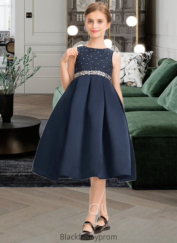 Jean A-Line Scoop Neck Knee-Length Satin Lace Junior Bridesmaid Dress With Beading Bow(s) BF2P0013559