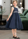 Jean A-Line Scoop Neck Knee-Length Satin Lace Junior Bridesmaid Dress With Beading Bow(s) BF2P0013559