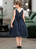 Jean A-Line Scoop Neck Knee-Length Satin Lace Junior Bridesmaid Dress With Beading Bow(s) BF2P0013559