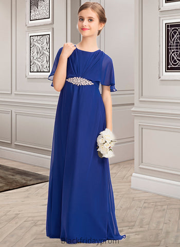 Nyasia A-Line Scoop Neck Floor-Length Chiffon Junior Bridesmaid Dress With Ruffle Beading BF2P0013560