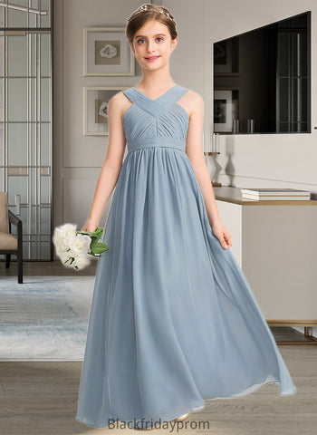 Valeria A-Line V-neck Floor-Length Chiffon Junior Bridesmaid Dress With Ruffle BF2P0013561