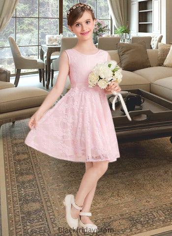 Kiera A-Line Scoop Neck Knee-Length Lace Junior Bridesmaid Dress With Sash Bow(s) BF2P0013563