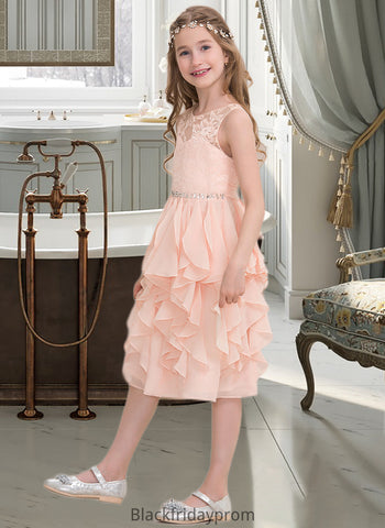 Kayleigh A-Line Scoop Neck Knee-Length Chiffon Junior Bridesmaid Dress With Beading Sequins Cascading Ruffles BF2P0013565