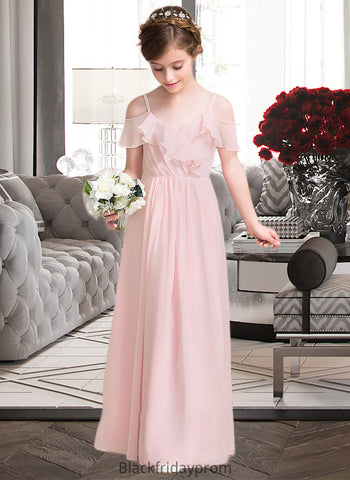 Kaitlin A-Line V-neck Floor-Length Chiffon Junior Bridesmaid Dress With Cascading Ruffles BF2P0013567