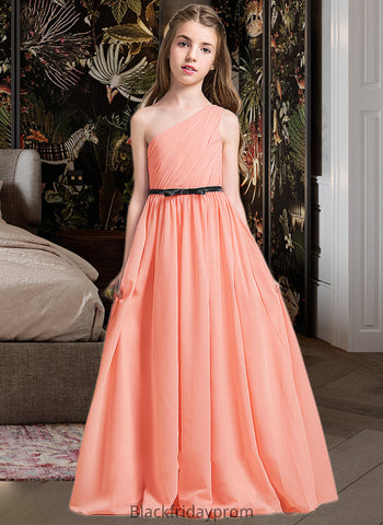 Milagros A-Line One-Shoulder Floor-Length Chiffon Junior Bridesmaid Dress With Ruffle Bow(s) BF2P0013570