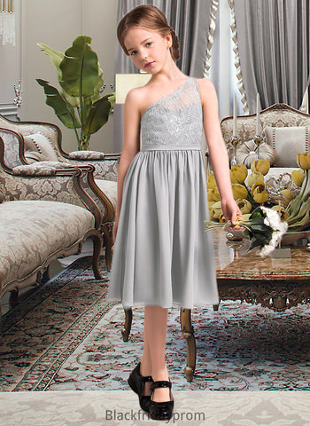 Donna A-Line One-Shoulder Knee-Length Chiffon Lace Junior Bridesmaid Dress BF2P0013571