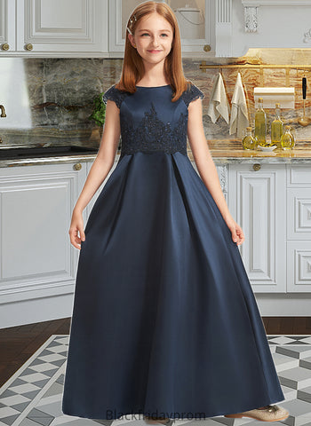 Martina A-Line Scoop Neck Floor-Length Satin Lace Junior Bridesmaid Dress With Beading Sequins Bow(s) BF2P0013574