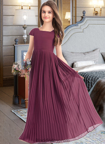 Roberta A-Line Square Neckline Floor-Length Chiffon Junior Bridesmaid Dress With Lace Bow(s) Pleated BF2P0013576