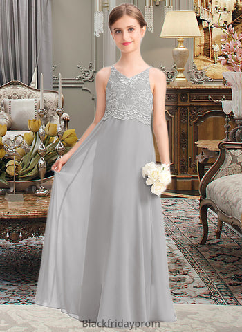 Christine A-Line V-neck Floor-Length Chiffon Lace Junior Bridesmaid Dress BF2P0013579