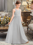 Christine A-Line V-neck Floor-Length Chiffon Lace Junior Bridesmaid Dress BF2P0013579