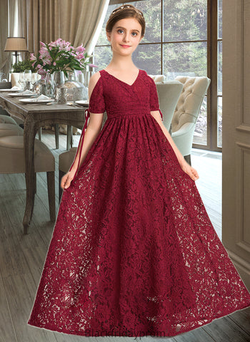 Layla A-Line V-neck Floor-Length Lace Junior Bridesmaid Dress With Ruffle Bow(s) BF2P0013581