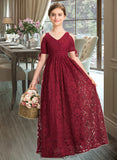 Layla A-Line V-neck Floor-Length Lace Junior Bridesmaid Dress With Ruffle Bow(s) BF2P0013581