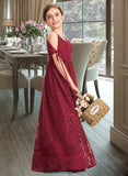 Layla A-Line V-neck Floor-Length Lace Junior Bridesmaid Dress With Ruffle Bow(s) BF2P0013581