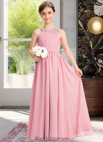 Amina A-Line Scoop Neck Floor-Length Chiffon Lace Junior Bridesmaid Dress With Ruffle Beading Sequins BF2P0013582