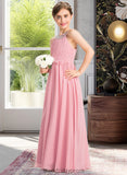 Amina A-Line Scoop Neck Floor-Length Chiffon Lace Junior Bridesmaid Dress With Ruffle Beading Sequins BF2P0013582