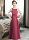 Noemi A-Line Square Neckline Floor-Length Satin Junior Bridesmaid Dress With Bow(s) BF2P0013585