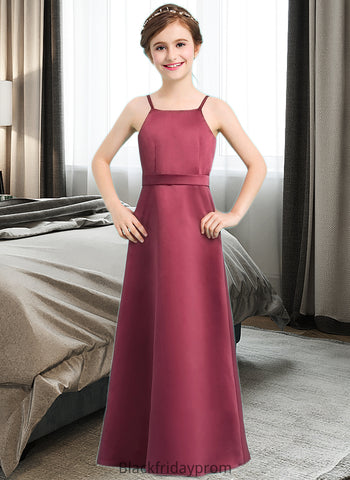 Noemi A-Line Square Neckline Floor-Length Satin Junior Bridesmaid Dress With Bow(s) BF2P0013585