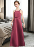 Noemi A-Line Square Neckline Floor-Length Satin Junior Bridesmaid Dress With Bow(s) BF2P0013585